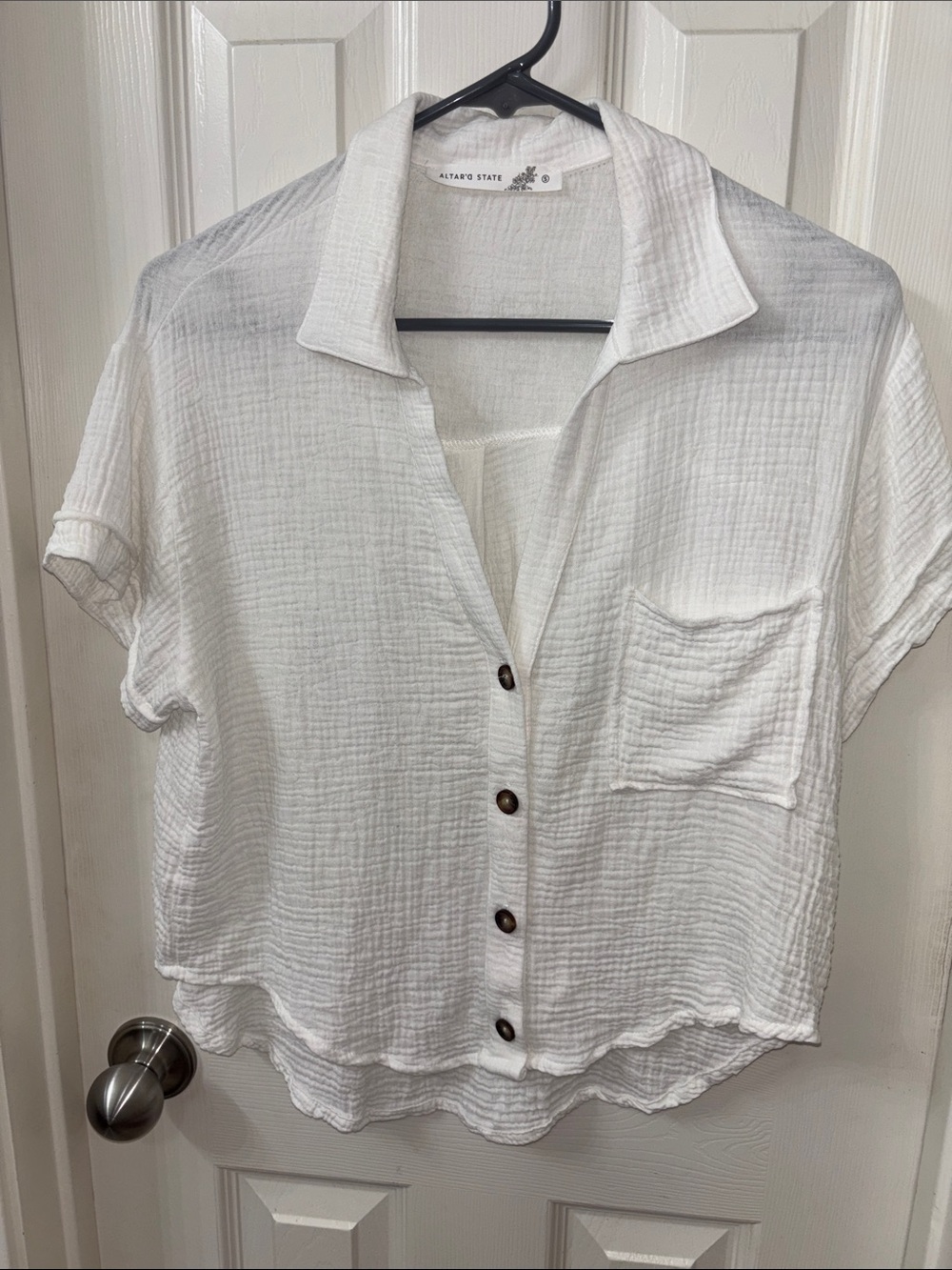 Altar'd State White Gauze Button-Front Short Sleeve Shirt